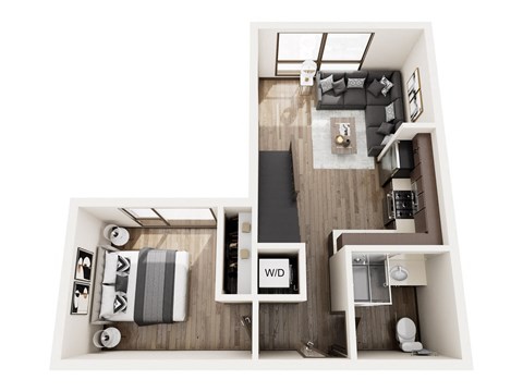 a stylized floor plan with a bedroom and a living room